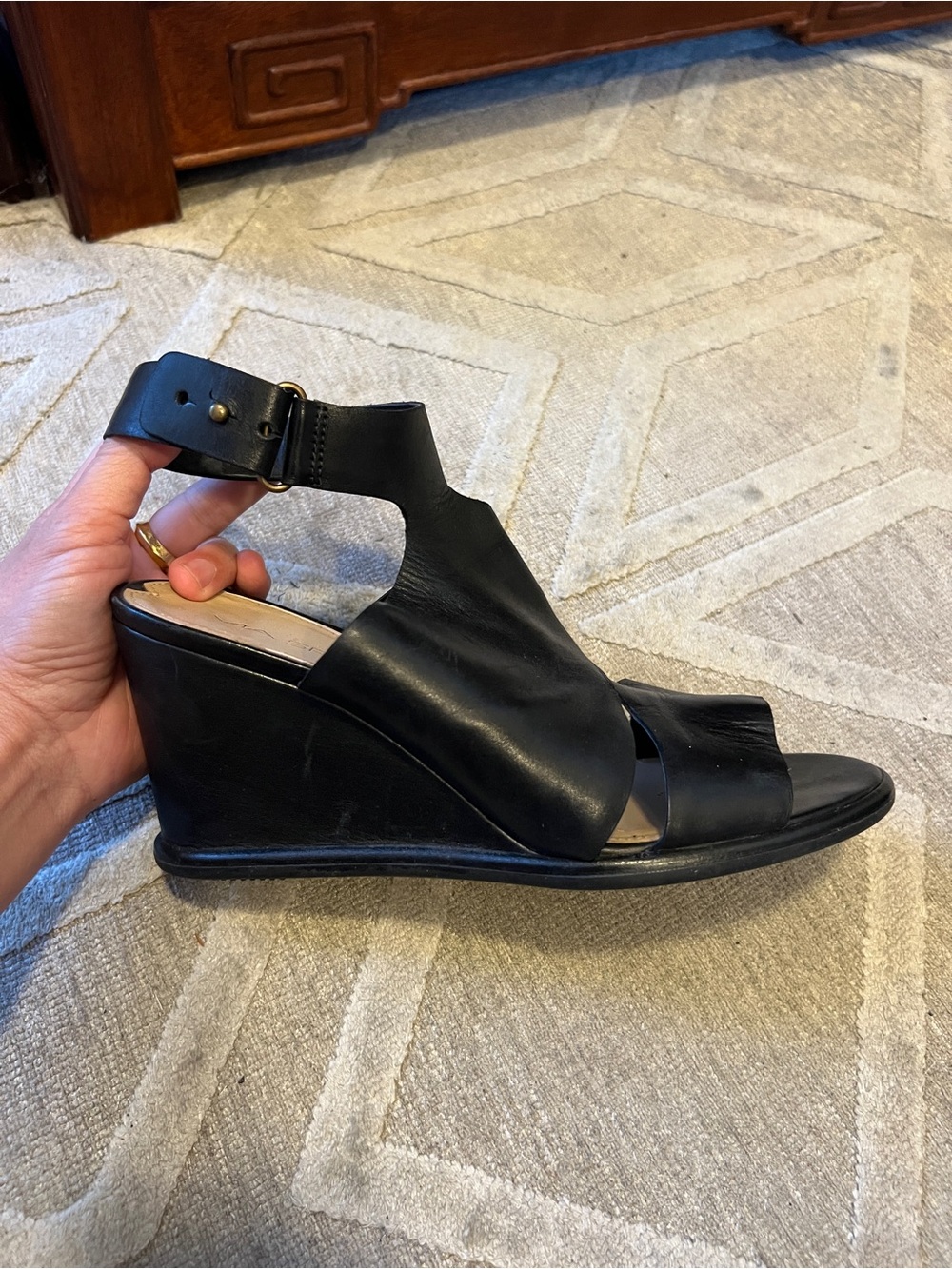 via spiga italian Black Leather Wedge Sandals with Ankle Strap